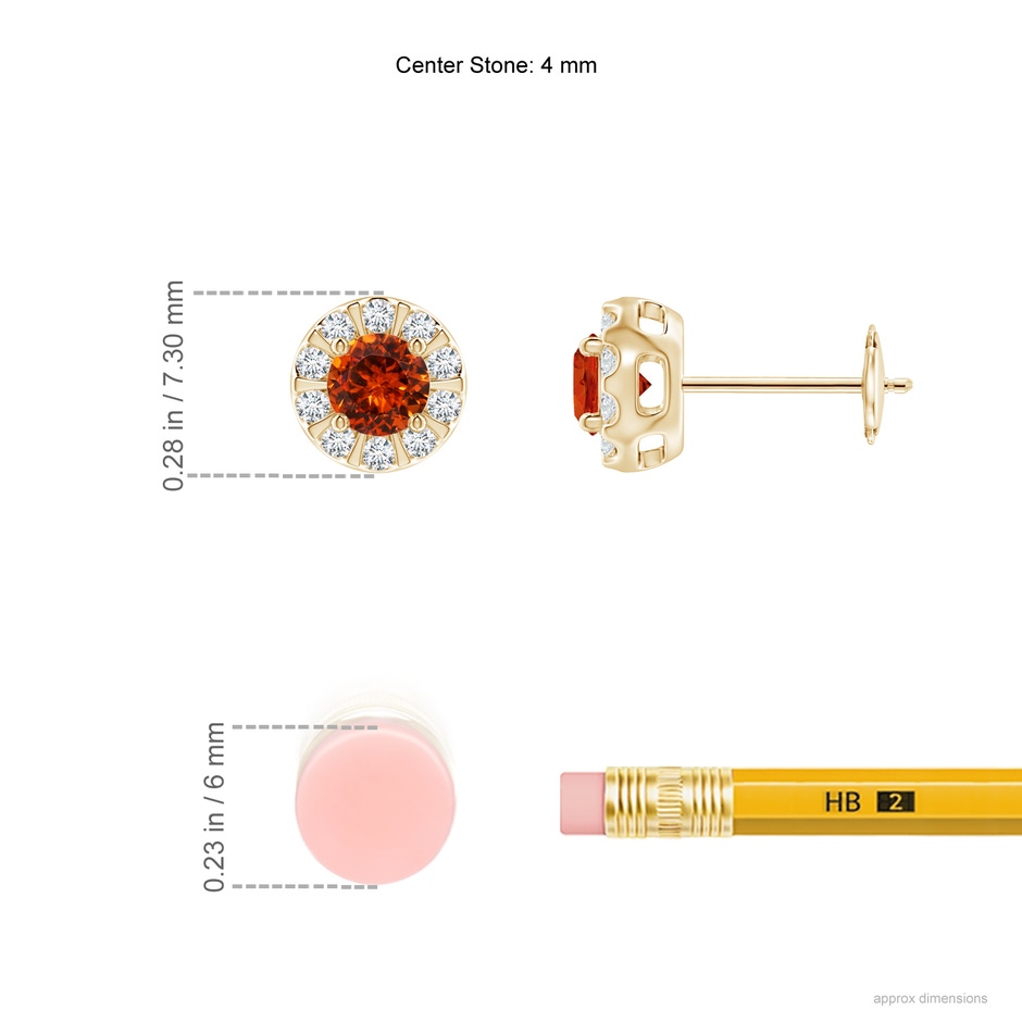 4mm AAAA Spessartite Stud Earrings with Bar-Set Diamond Halo in Yellow Gold ruler