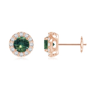 5mm AA Teal Montana Sapphire Stud Earrings with Bar-Set Diamond Halo in 10K Rose Gold