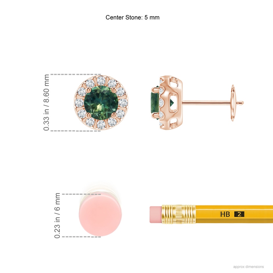 5mm AA Teal Montana Sapphire Stud Earrings with Bar-Set Diamond Halo in Rose Gold ruler