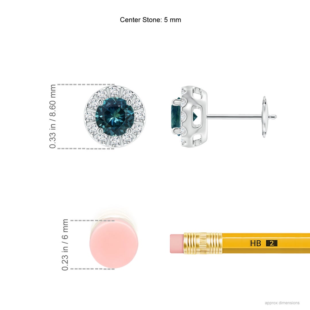 5mm AAA Teal Montana Sapphire Stud Earrings with Bar-Set Diamond Halo in White Gold - ruler