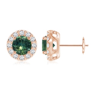 6mm AA Teal Montana Sapphire Stud Earrings with Bar-Set Diamond Halo in Rose Gold