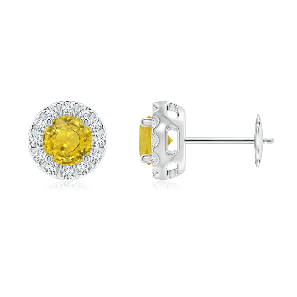 5mm AAA Yellow Sapphire Stud Earrings with Bar-Set Diamond Halo in White Gold