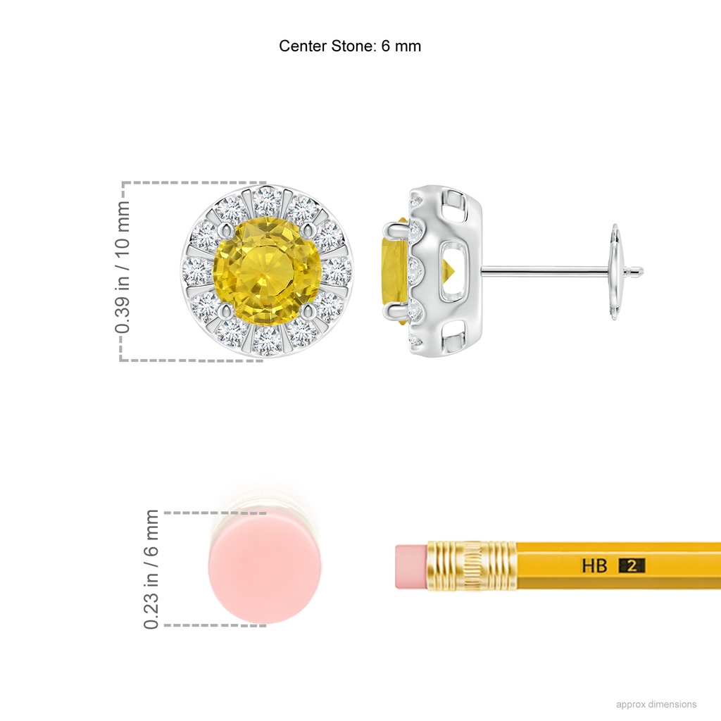 6mm AAA Yellow Sapphire Stud Earrings with Bar-Set Diamond Halo in White Gold Ruler