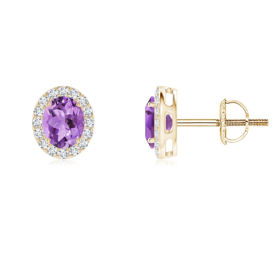 5x4mm A Prong-Set Oval Amethyst Stud Earrings with Diamond Halo in Yellow Gold 
