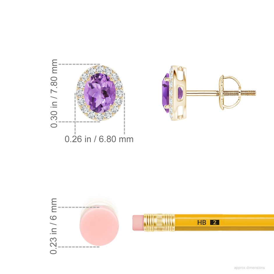 5x4mm A Prong-Set Oval Amethyst Stud Earrings with Diamond Halo in Yellow Gold ruler