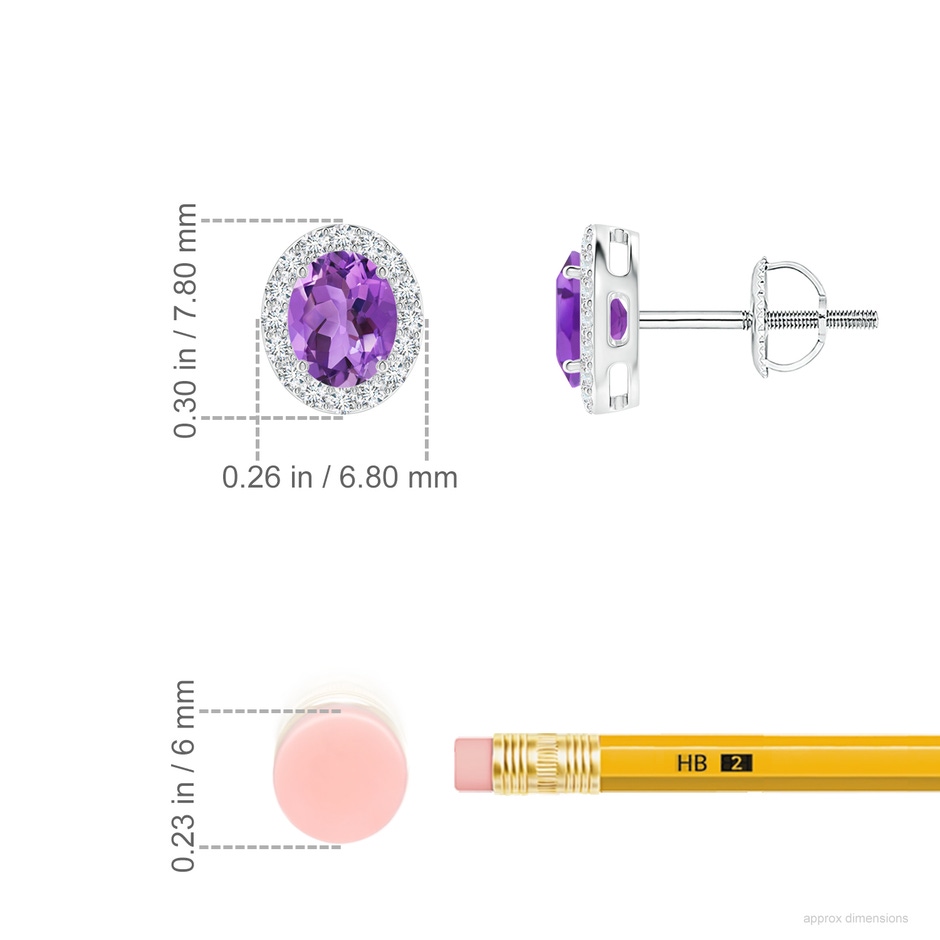 5x4mm AA Prong-Set Oval Amethyst Stud Earrings with Diamond Halo in White Gold ruler