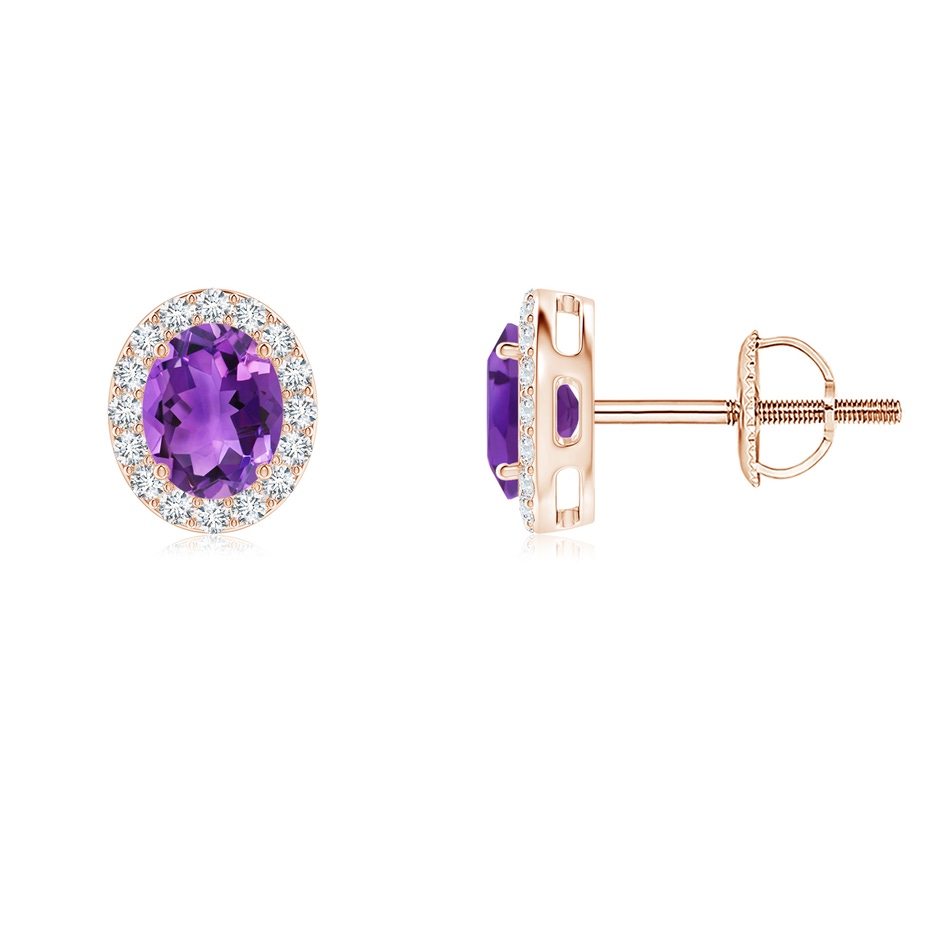 5x4mm AAA Prong-Set Oval Amethyst Stud Earrings with Diamond Halo in Rose Gold 
