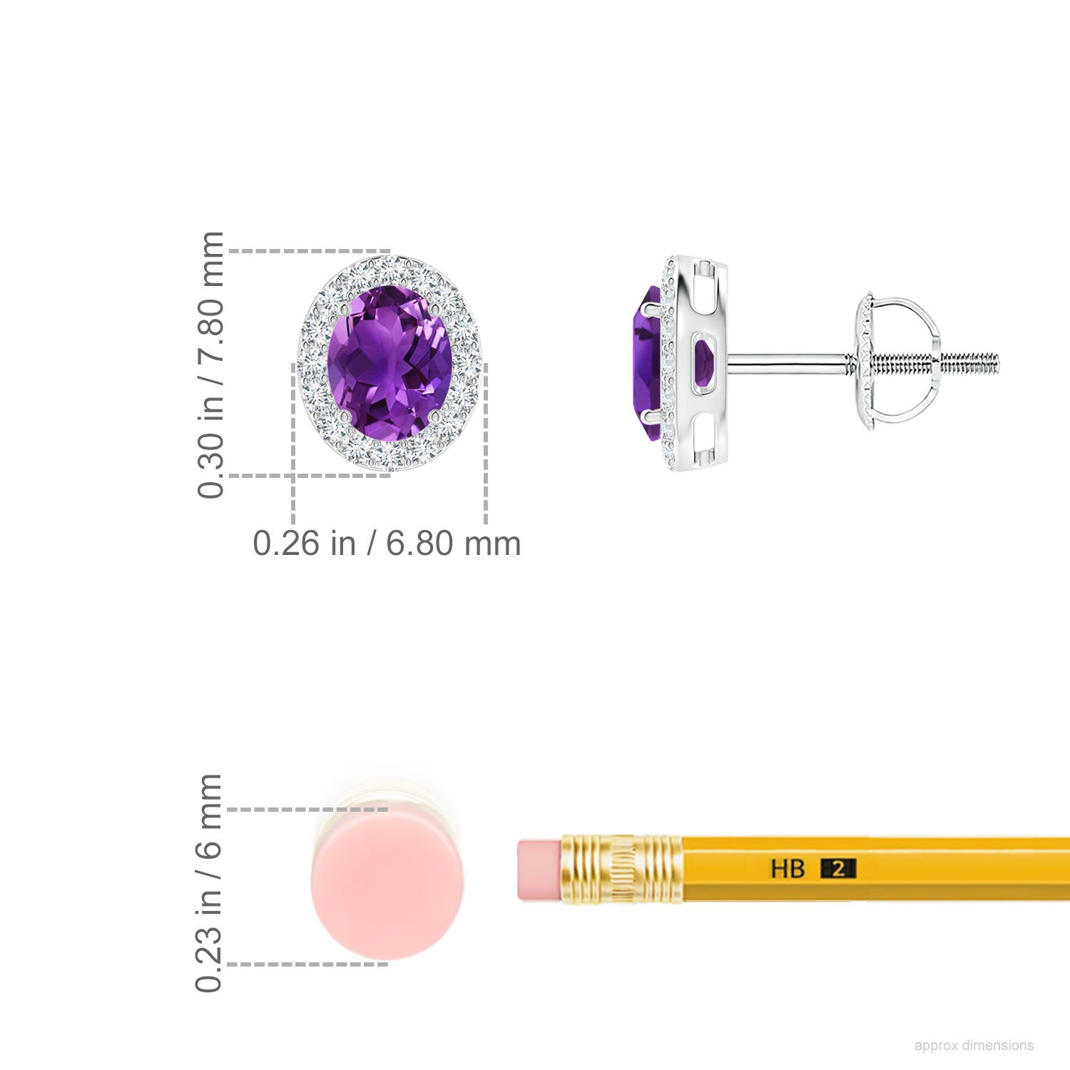 5x4mm AAAA Prong-Set Oval Amethyst Stud Earrings with Diamond Halo in White Gold - ruler