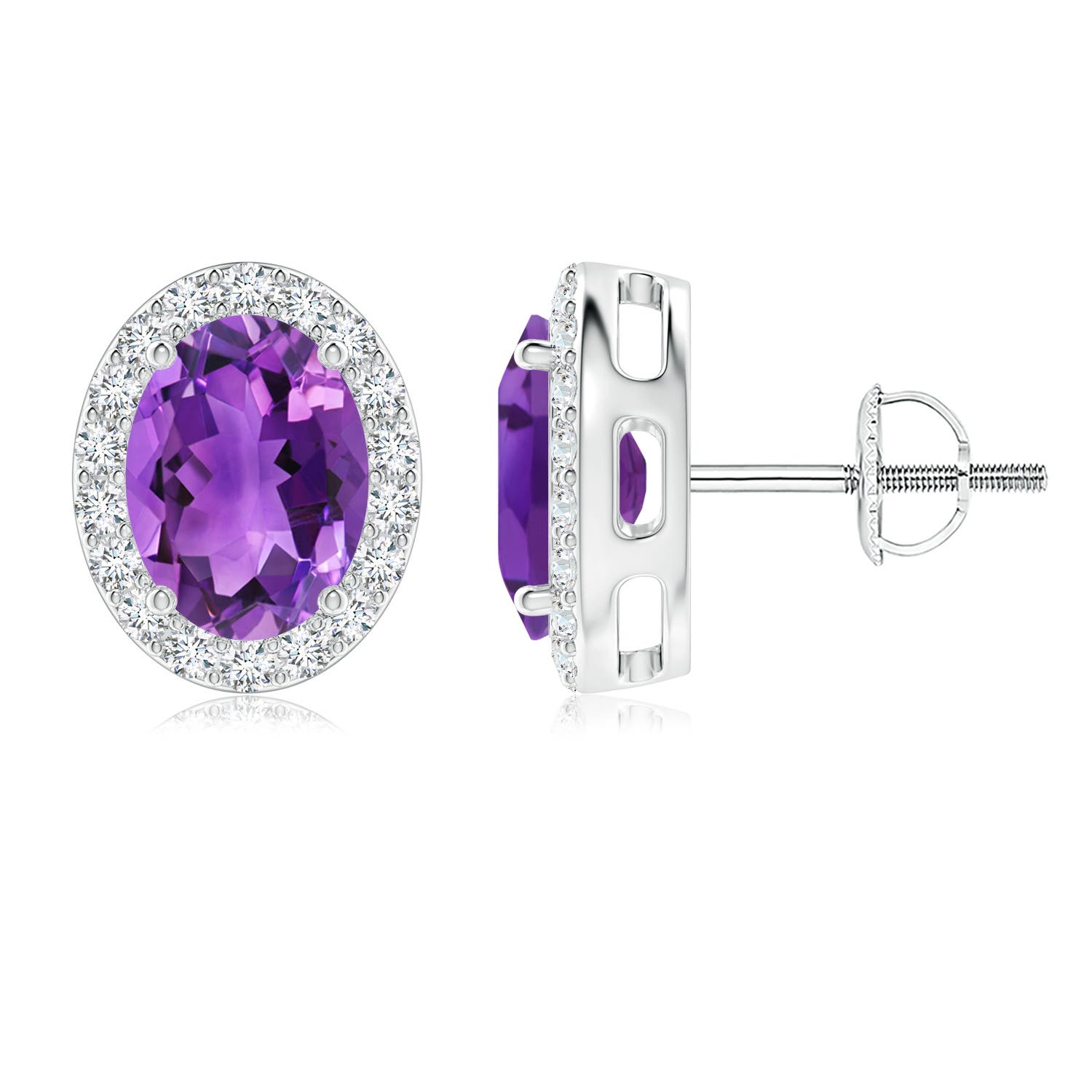 8x6mm AAA Prong-Set Oval Amethyst Stud Earrings with Diamond Halo in P950 Platinum