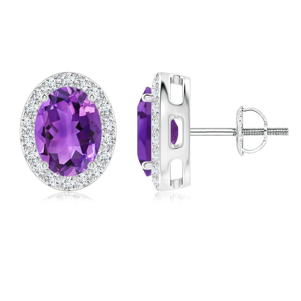 8x6mm AAA Oval Amethyst Studs with Diamond Halo in White Gold