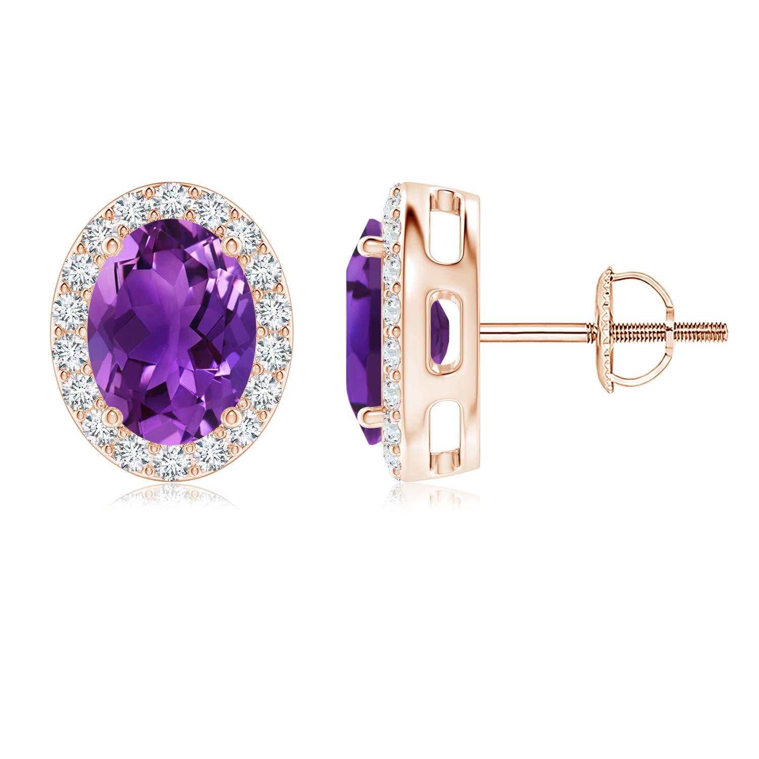 8x6mm AAAA Prong-Set Oval Amethyst Stud Earrings with Diamond Halo in 18K Rose Gold