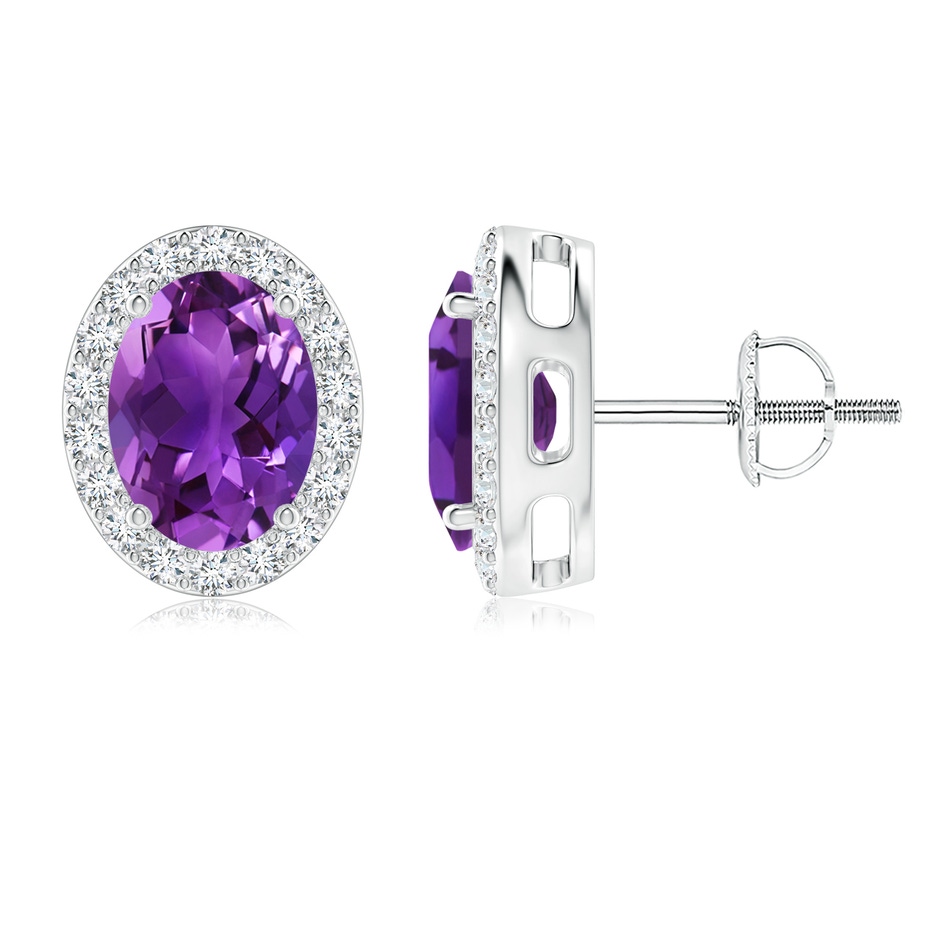 8x6mm AAAA Oval Amethyst Studs with Diamond Halo in White Gold 