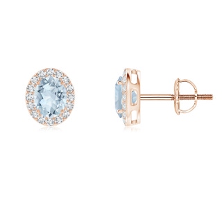 5x4mm A Prong-Set Oval Aquamarine Stud Earrings with Diamond Halo in 9K Rose Gold