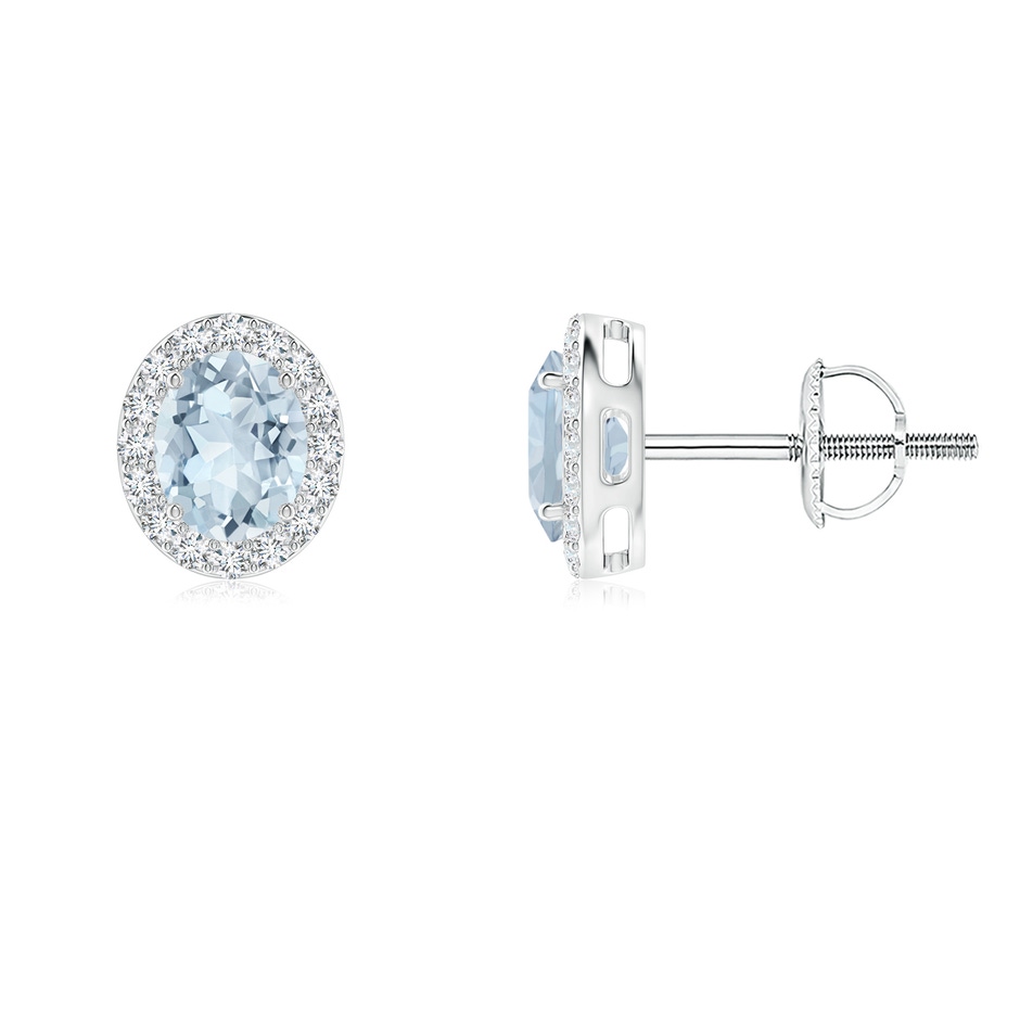 5x4mm A Prong-Set Oval Aquamarine Stud Earrings with Diamond Halo in White Gold 