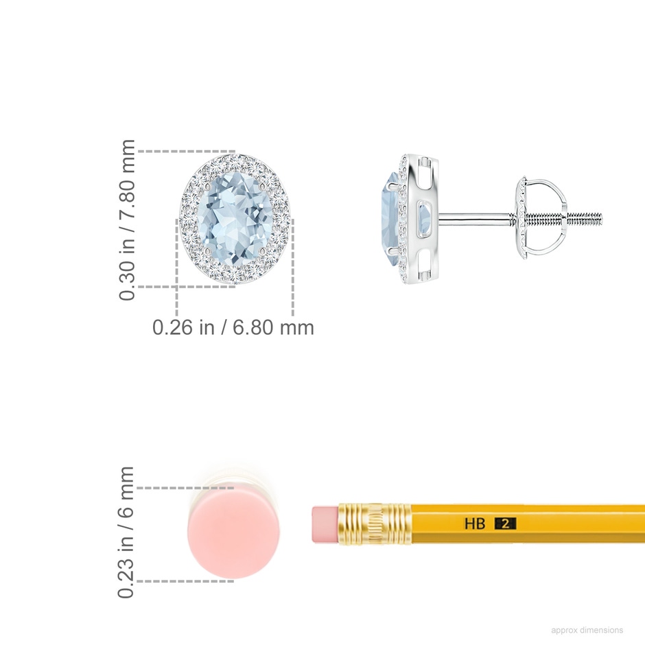 5x4mm A Prong-Set Oval Aquamarine Stud Earrings with Diamond Halo in White Gold ruler