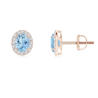 5x4mm AAA Oval Aquamarine Studs with Diamond Halo in 9K Rose Gold