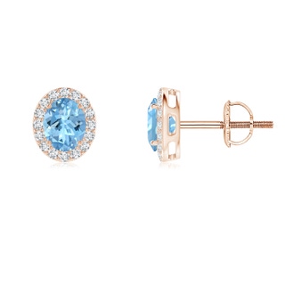 5x4mm AAAA Oval Aquamarine Studs with Diamond Halo in 9K Rose Gold