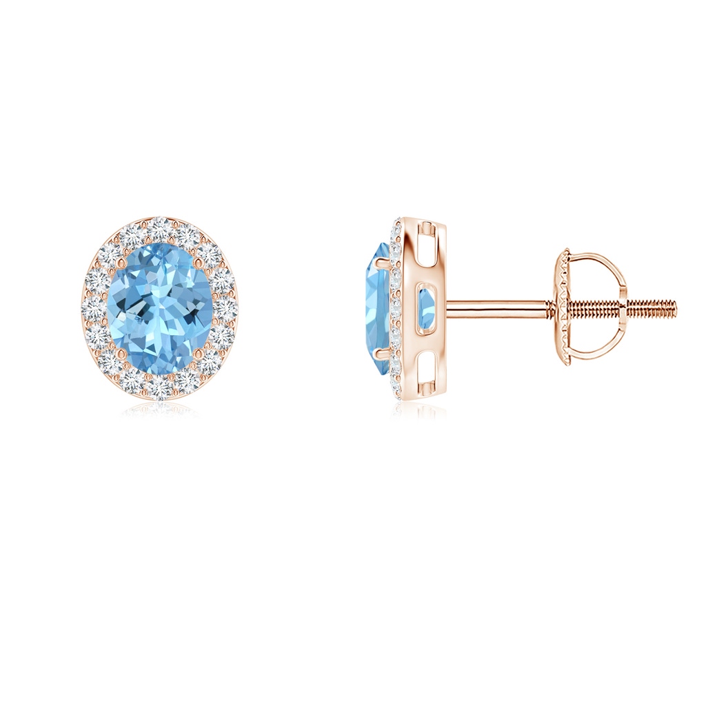 5x4mm AAAA Oval Aquamarine Studs with Diamond Halo in Rose Gold