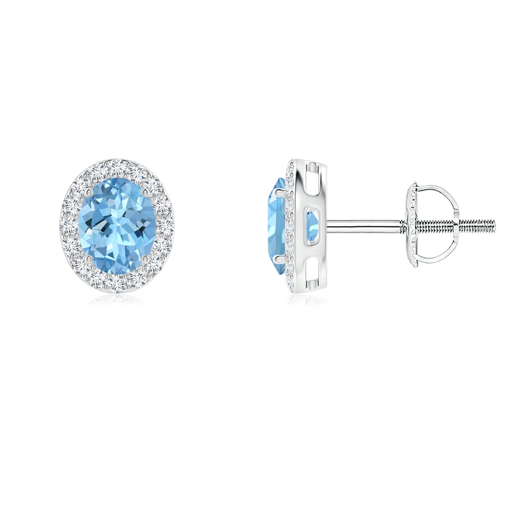 5x4mm AAAA Oval Aquamarine Studs with Diamond Halo in White Gold