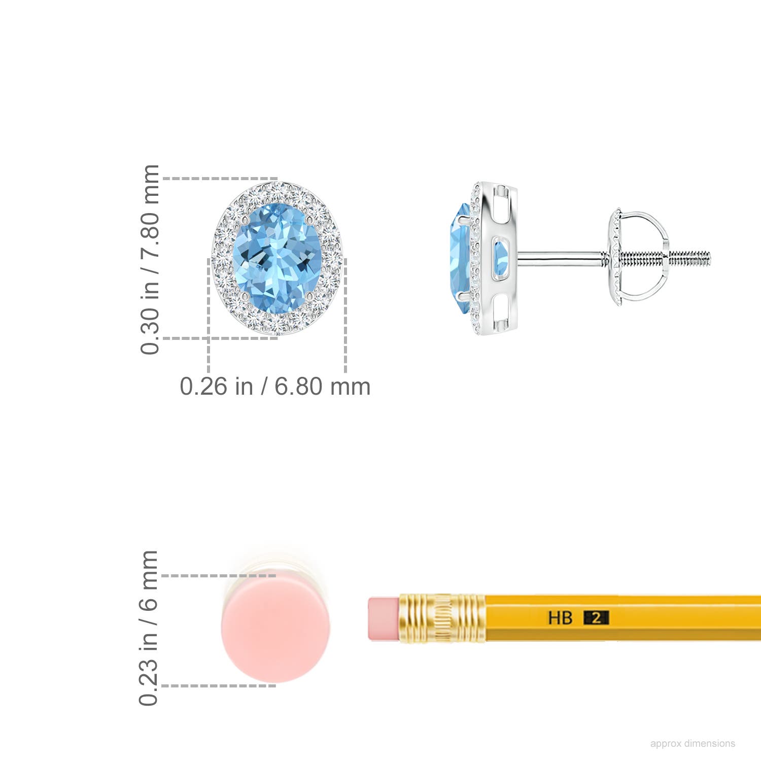 5x4mm AAAA Prong-Set Oval Aquamarine Stud Earrings with Diamond Halo in White Gold - ruler