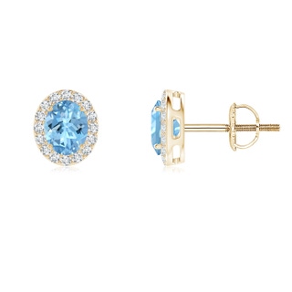 5x4mm AAAA Oval Aquamarine Studs with Diamond Halo in Yellow Gold