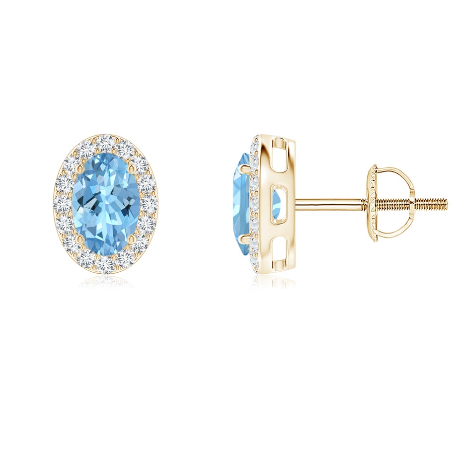 6x4mm AAAA Oval Aquamarine Studs with Diamond Halo in 9K Yellow Gold 