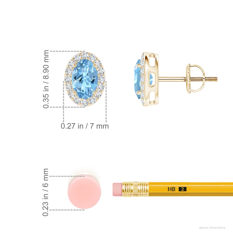 6x4mm AAAA Prong-Set Oval Aquamarine Stud Earrings with Diamond Halo in 9K Yellow Gold ruler