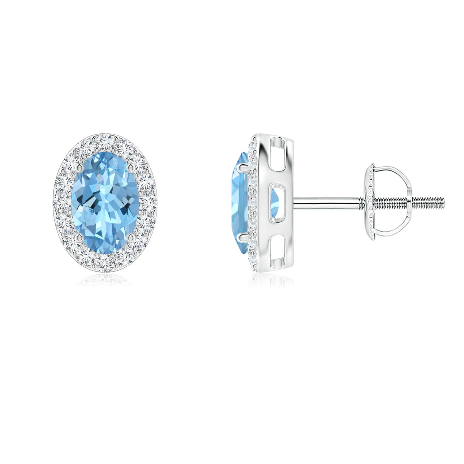 6x4mm AAAA Prong-Set Oval Aquamarine Stud Earrings with Diamond Halo in P950 Platinum