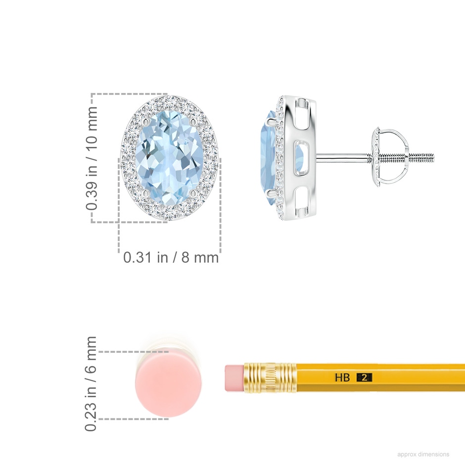 7x5mm AA Prong-Set Oval Aquamarine Stud Earrings with Diamond Halo in White Gold ruler