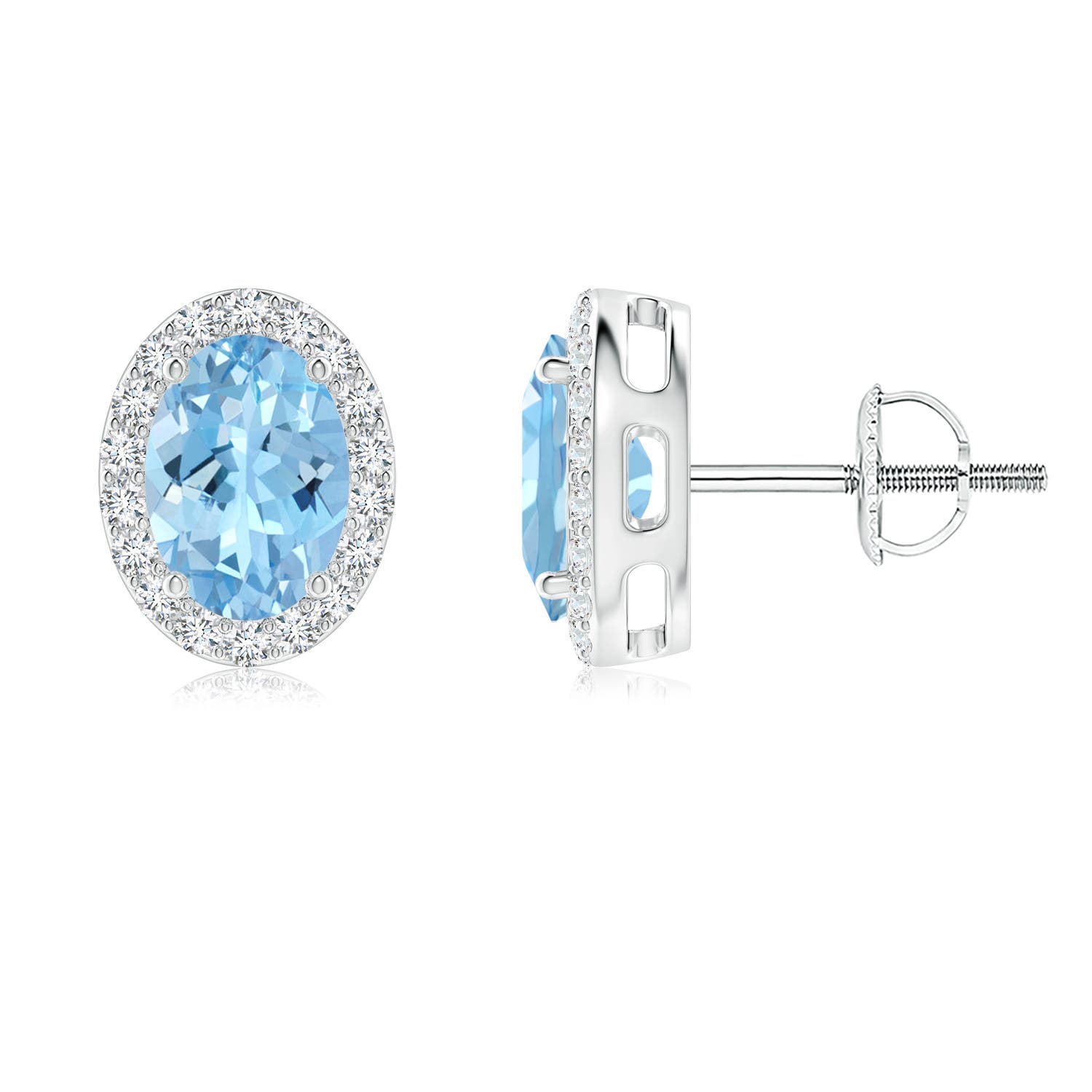 7x5mm AAAA Prong-Set Oval Aquamarine Stud Earrings with Diamond Halo in P950 Platinum