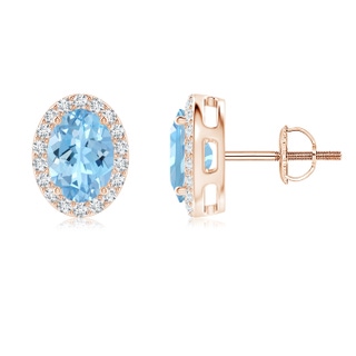 7x5mm AAAA Prong-Set Oval Aquamarine Stud Earrings with Diamond Halo in Rose Gold