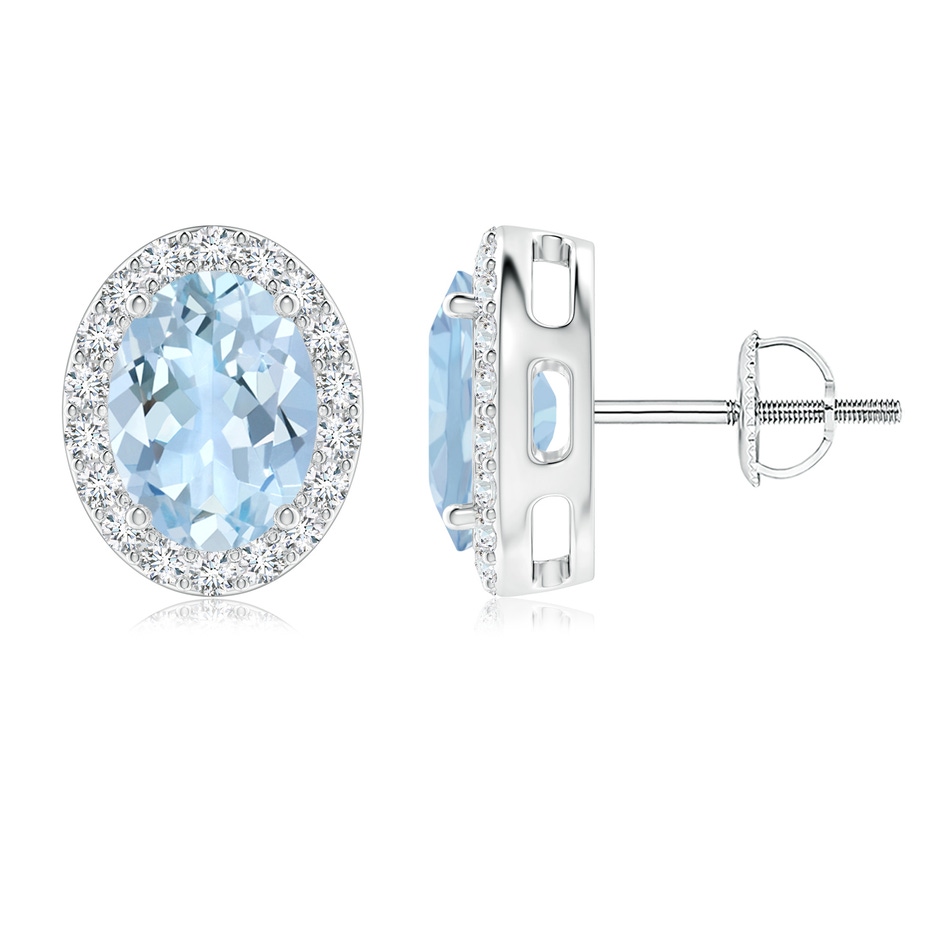 8x6mm AA Prong-Set Oval Aquamarine Stud Earrings with Diamond Halo in White Gold 