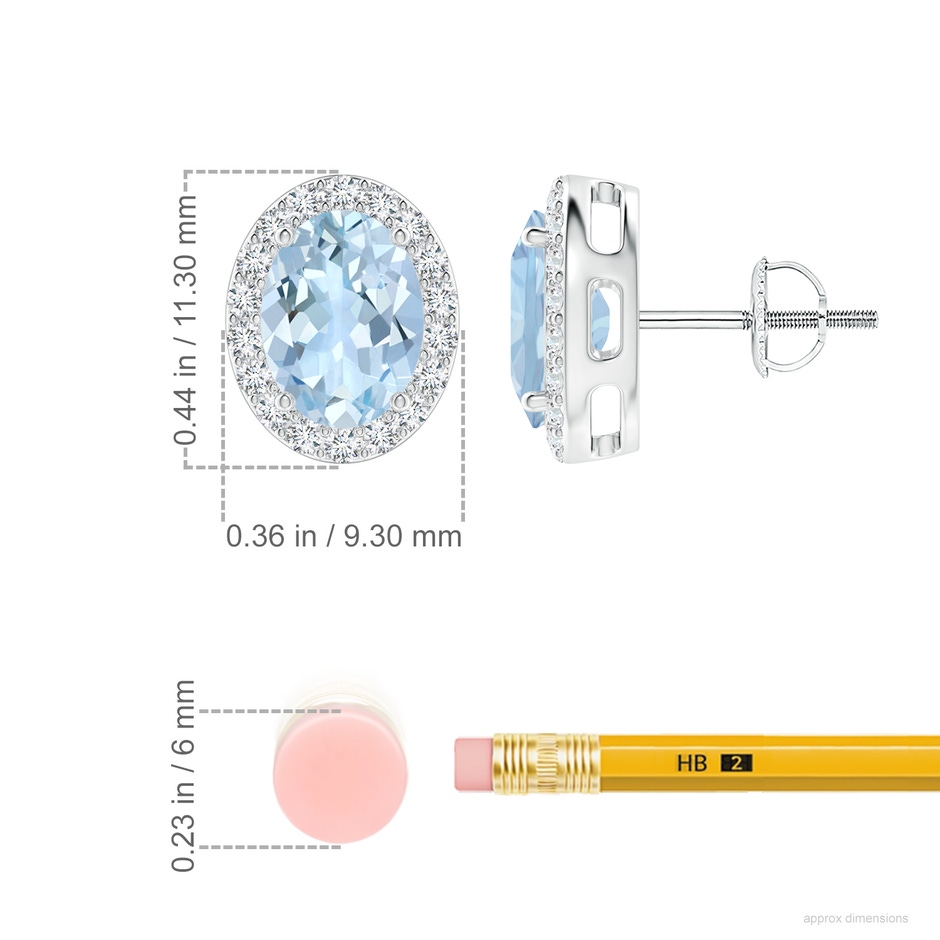 8x6mm AA Prong-Set Oval Aquamarine Stud Earrings with Diamond Halo in White Gold ruler