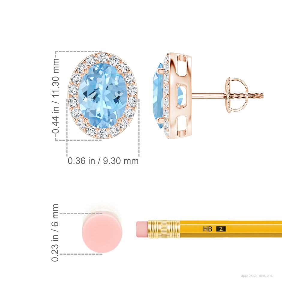 8x6mm AAAA Prong-Set Oval Aquamarine Stud Earrings with Diamond Halo in Rose Gold ruler
