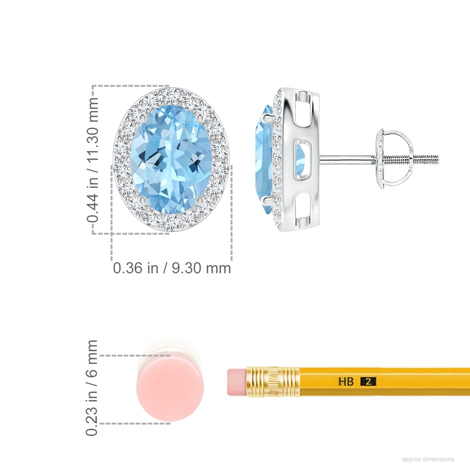 8x6mm AAAA Prong-Set Oval Aquamarine Stud Earrings with Diamond Halo in White Gold ruler