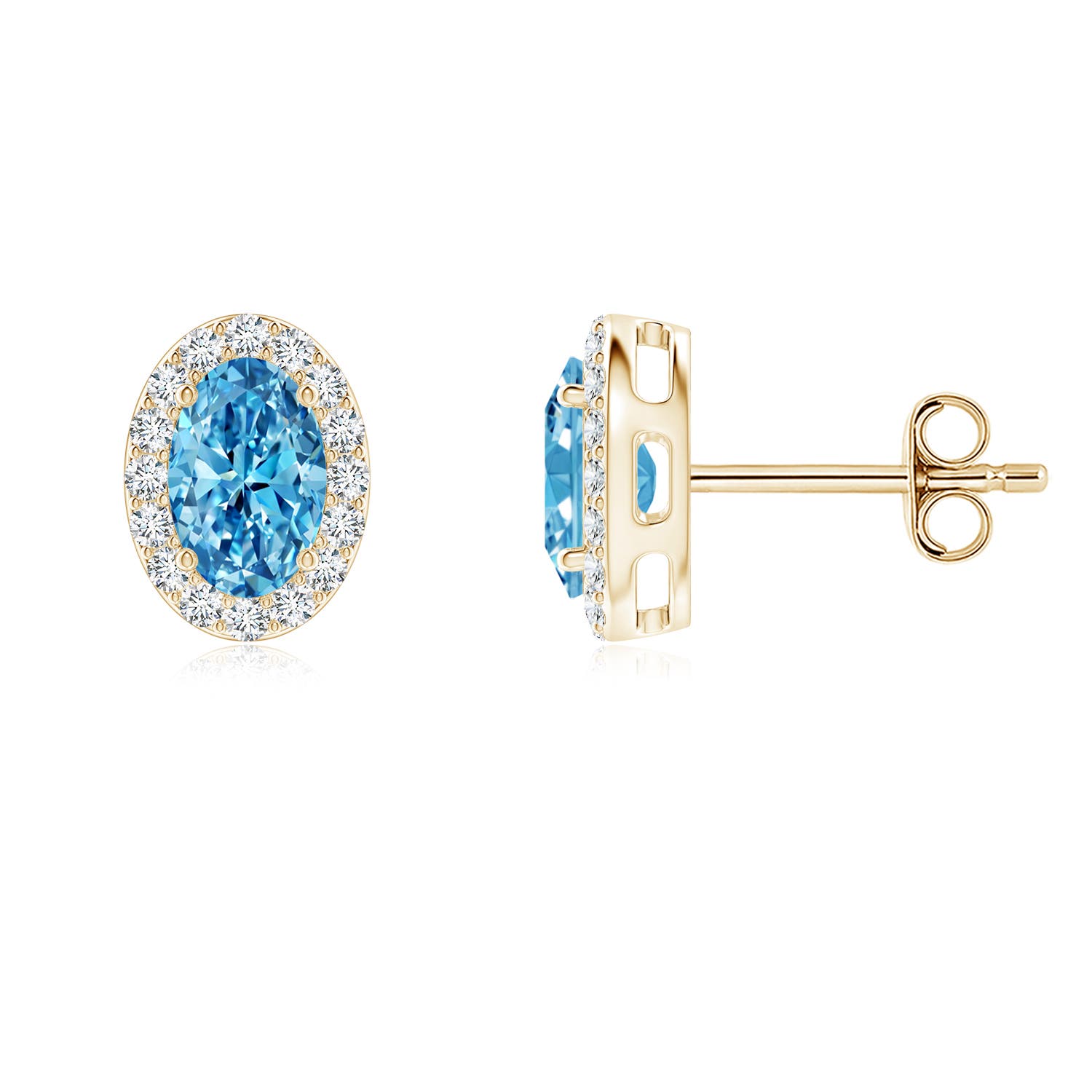 Angara 1.08 CTW Prong-Set Oval Fancy Intense Blue Diamond Stud Earrings with Halo in 14K Yellow Gold