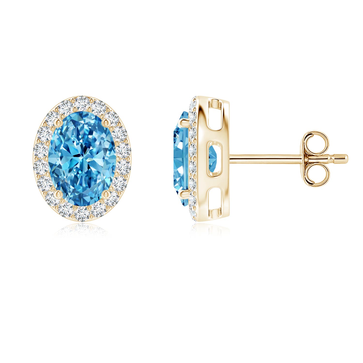 Angara 1.84 CTW Prong-Set Oval Fancy Intense Blue Diamond Stud Earrings with Halo in 14K Yellow Gold