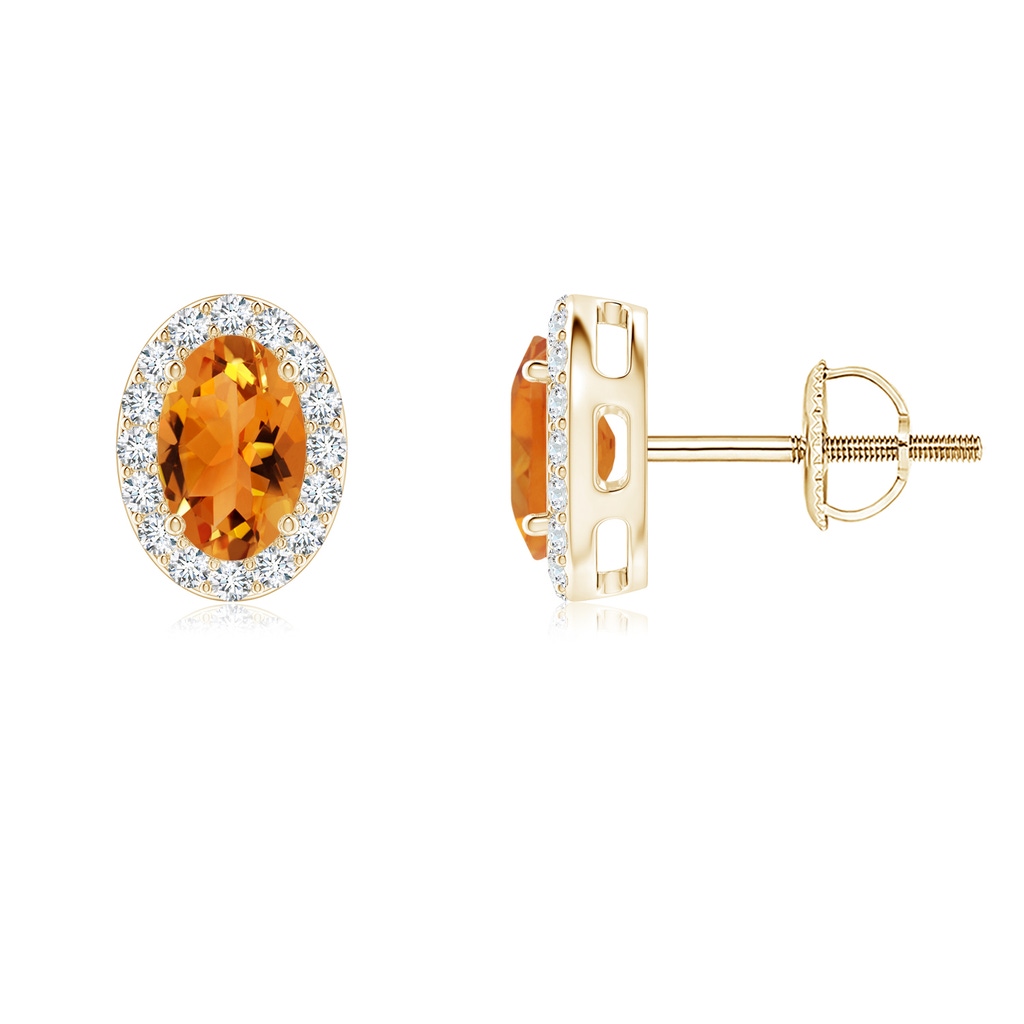 6x4mm AAA Oval Citrine Studs with Diamond Halo in Yellow Gold