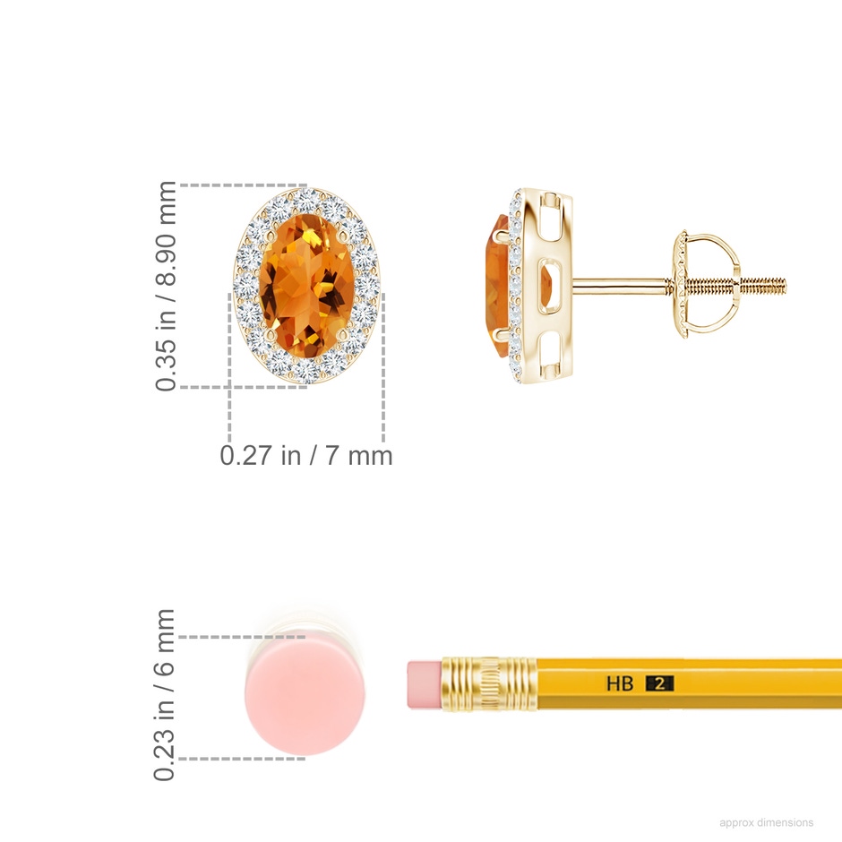 6x4mm AAA Prong-Set Oval Citrine Stud Earrings with Diamond Halo in Yellow Gold ruler