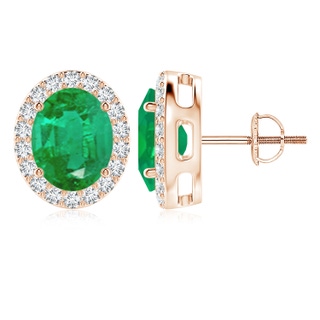 10x8mm AA Prong-Set Oval Emerald Stud Earrings with Diamond Halo in 18K Rose Gold