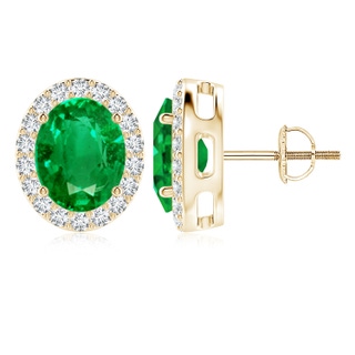 10x8mm AAA Oval Emerald Studs with Diamond Halo in 9K Yellow Gold