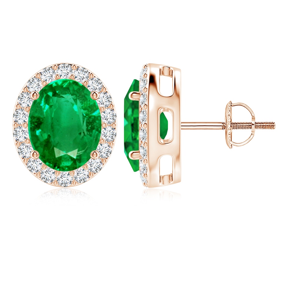 10x8mm AAA Oval Emerald Studs with Diamond Halo in Rose Gold 