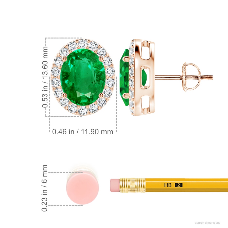 10x8mm AAA Oval Emerald Studs with Diamond Halo in Rose Gold ruler