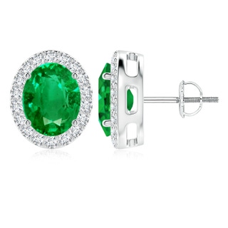 10x8mm AAA Oval Emerald Studs with Diamond Halo in White Gold