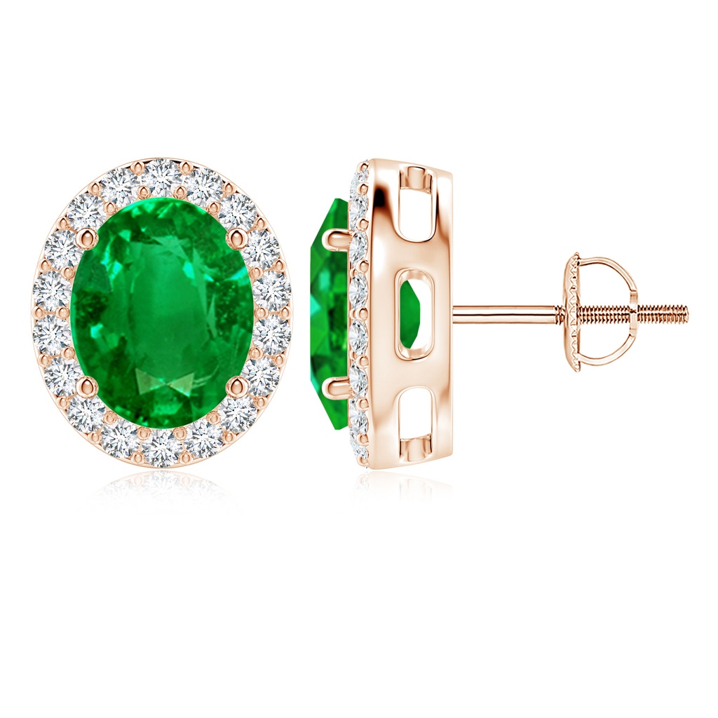 10x8mm AAAA Oval Emerald Studs with Diamond Halo in Rose Gold
