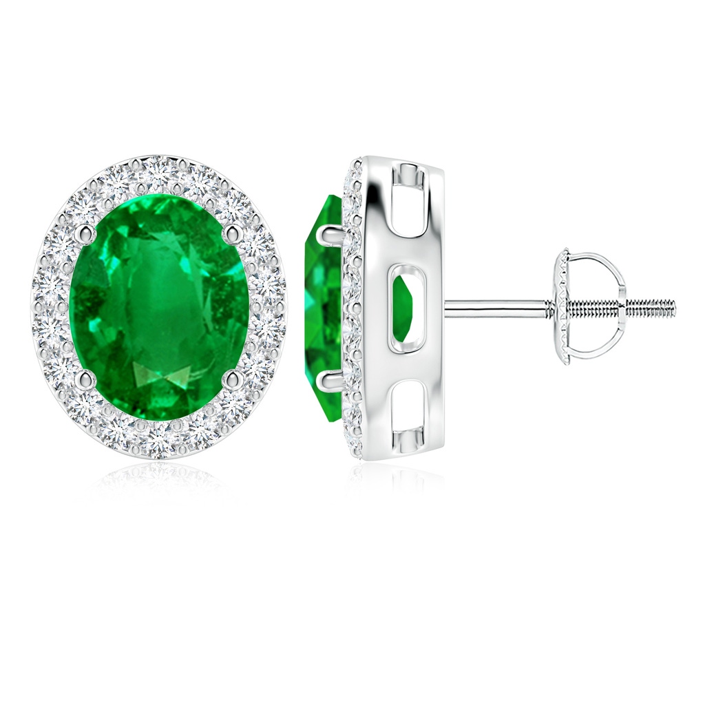 10x8mm AAAA Oval Emerald Studs with Diamond Halo in White Gold