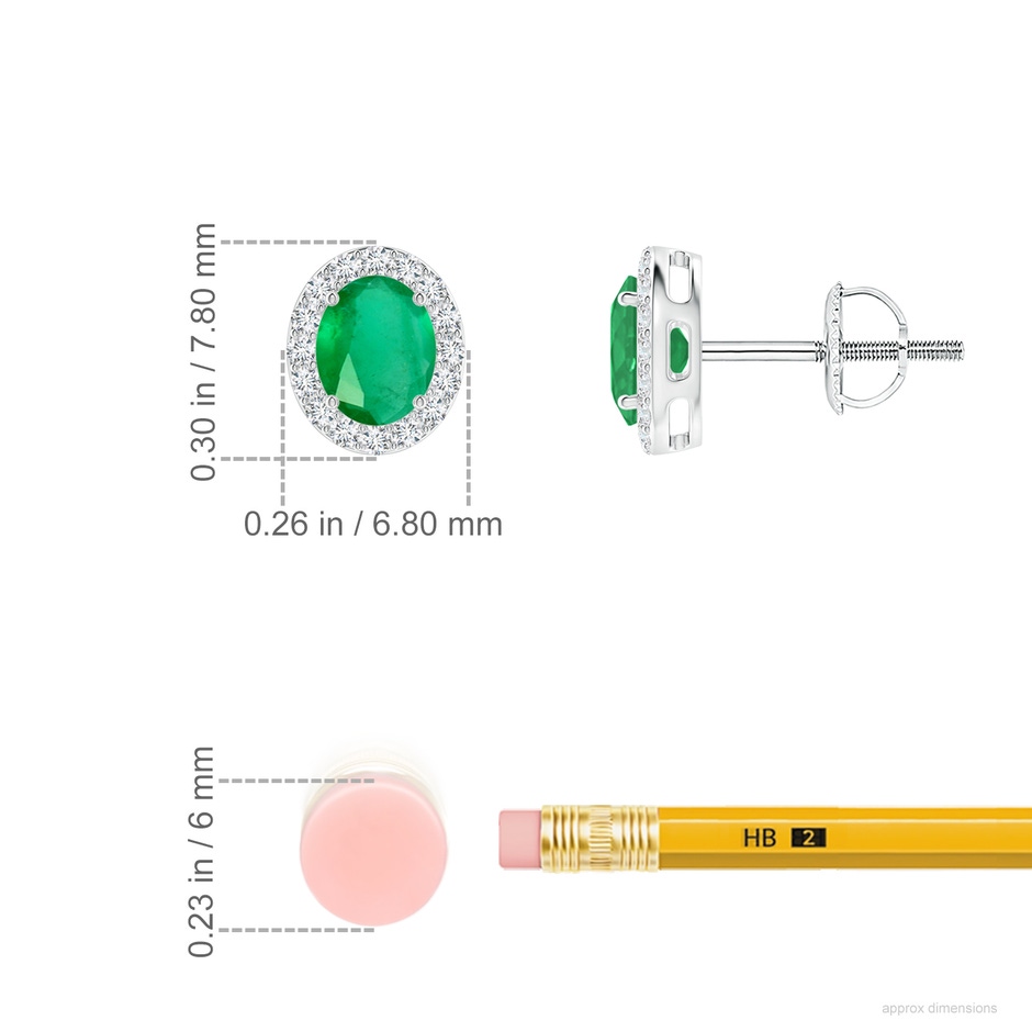 5x4mm A Prong-Set Oval Emerald Stud Earrings with Diamond Halo in White Gold ruler