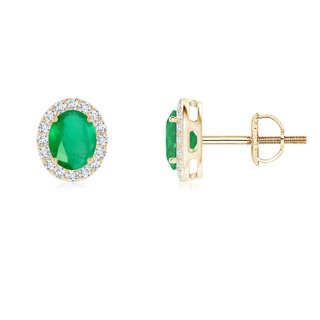 5x4mm A Oval Emerald Studs with Diamond Halo in Yellow Gold