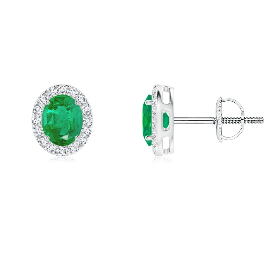 5x4mm AA Prong-Set Oval Emerald Stud Earrings with Diamond Halo in P950 Platinum 