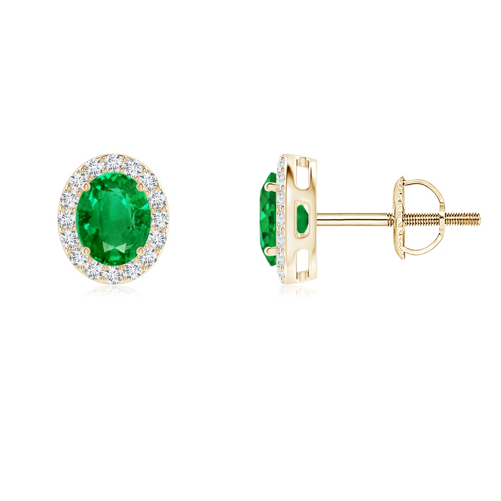 5x4mm AAA Oval Emerald Studs with Diamond Halo in Yellow Gold